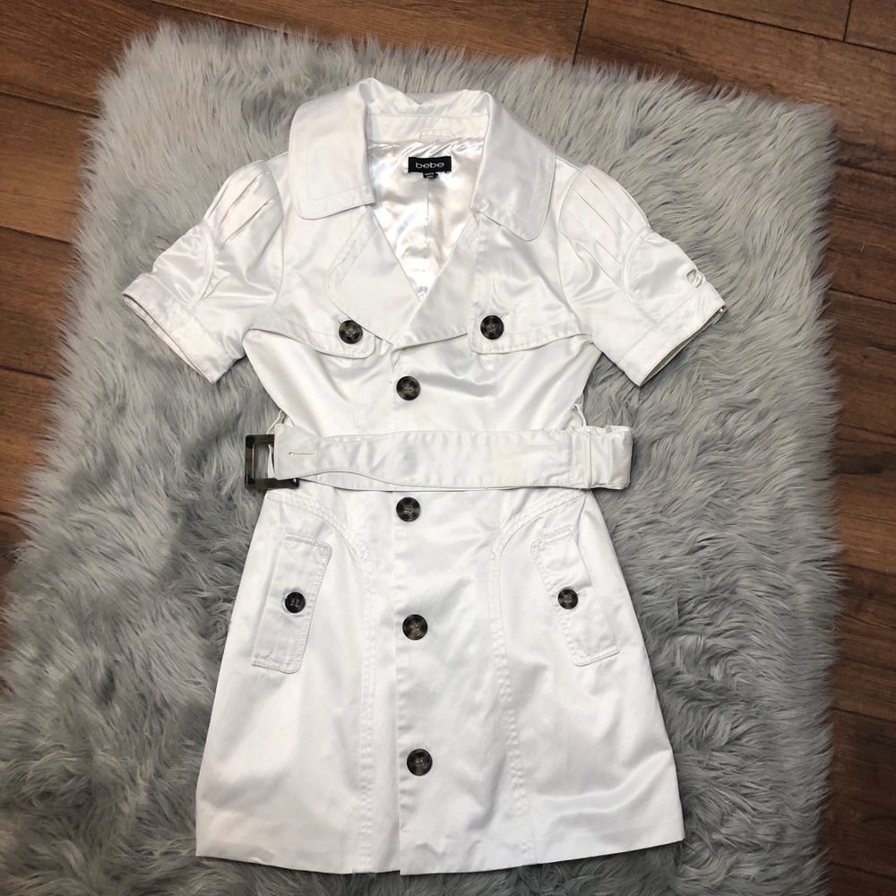 Bebe White ShortSleeve Belted Trench Coat Jacket